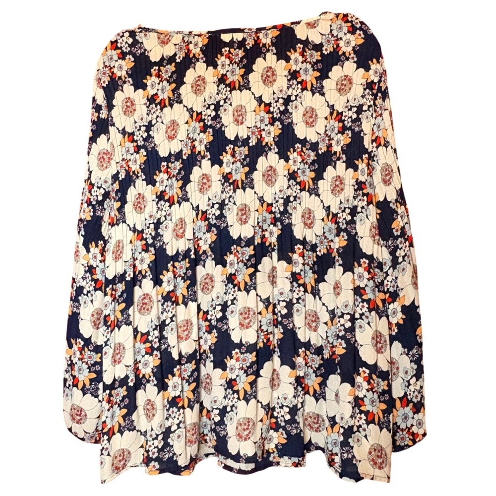 Spense Navy Blue Floral Pleated Boho Blouse - Picture 2 of 7